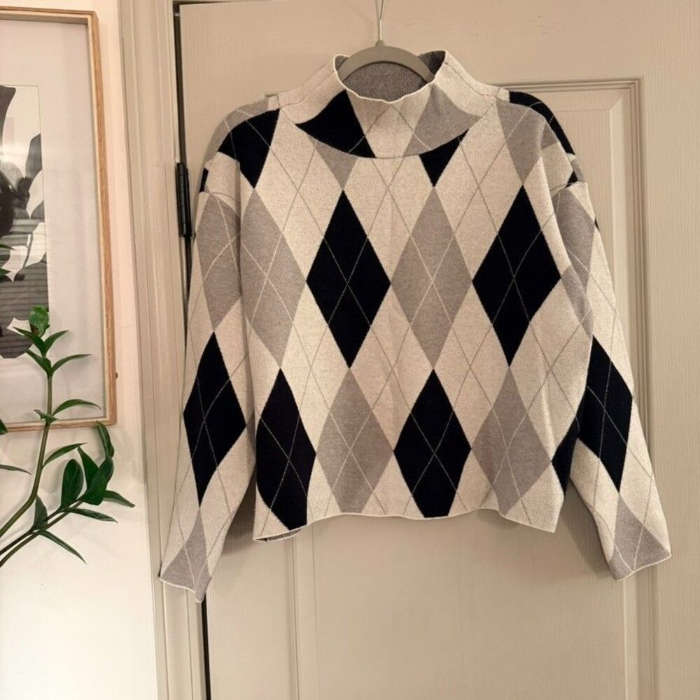 Anthropologie Maeve Carys Sweater Mock Neck Argyle Black Gray White Size Small